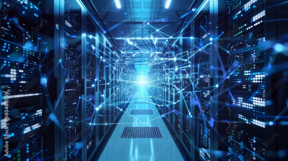Poster connection network in servers data center room with storage systems – 3d rendering of advanced techn