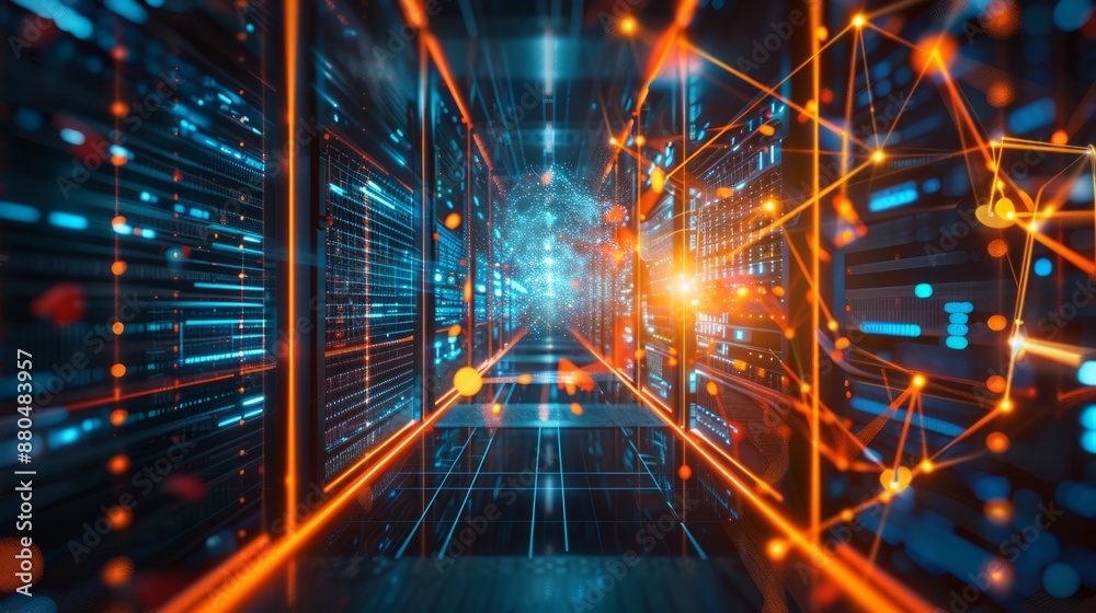Poster connection network in servers data center room with storage systems – 3d rendering of advanced techn