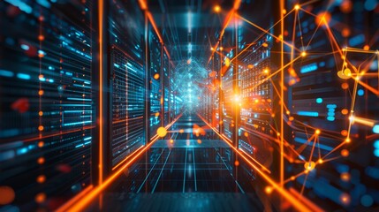 Connection network in servers data center room with storage systems – 3d rendering of advanced technology infrastructure, high-speed data processing, and secure information management in modern cloud 