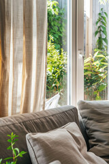 Fototapeta premium A window with light brown curtains, green plants outside the glass, and a beige sofa next to it. The sunlight shines through the curtain onto part of the couch, creating soft shadows on its surface.