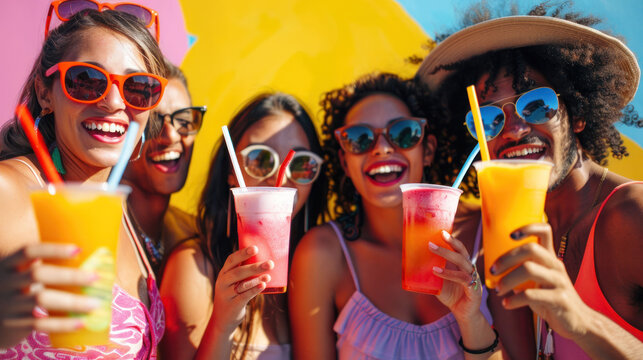 Cheerful Group of People Enjoying Colorful Slushies with Playful Expressions Against Vibrant Background