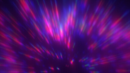 Abstract digital burst background 8K 16:9. Fountain of bright pink blue laser rays. Explosion of light beams on dark violet backdrop. Defocused disco ball reflections. Laser show. Prism blur texture