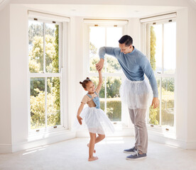 Father, girl child and dancing in home with trust or bonding, together in living room for learning. Twirl, happiness and dad with daughter or practice for ballet class, youth energy or play in house