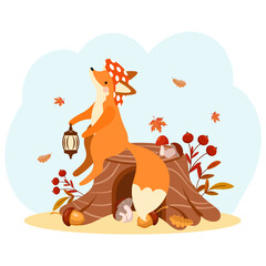 A cute fox in a fly agaric hat with a lantern on a stump. Children's print, autumn illustration, vector