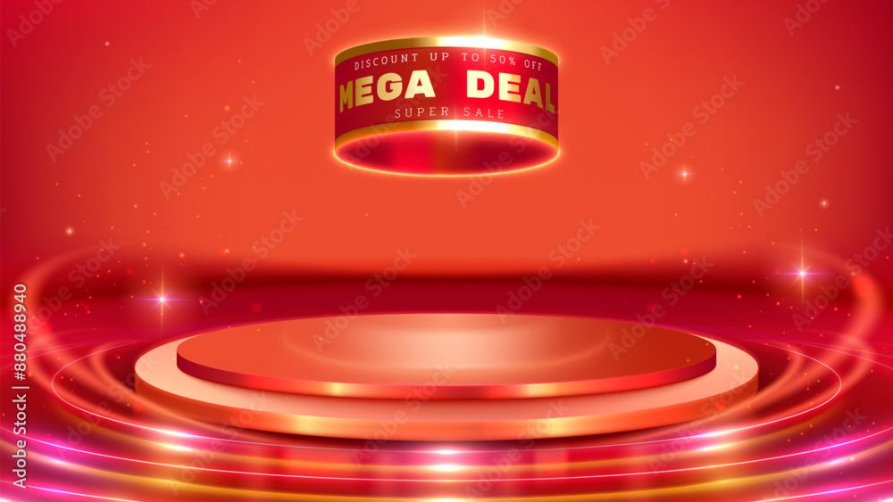 Wall mural an empty red podium with a floating 'mega deal' banner offering discounts up to 50% off. perfect for