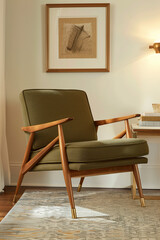 Mid-century Modern armchair, olive green fabric with wooden legs and arms, placed in front of a white wall with vintage framed artwork. A beige rug lies beneath the chair.