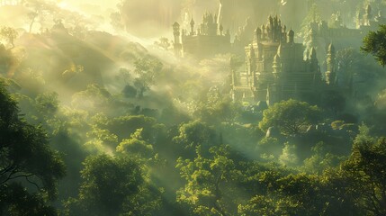 Misty morning sunlight filtering through forest trees