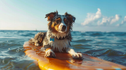 Adorable dog sitting on a surfboard in the ocean with a clear blue sky in the background