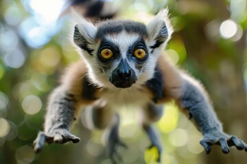 Fototapeta premium closeup of a curious lemur midleap with piercing eyes in sharp focus set against a blurred tropical forest background