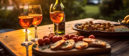 Fototapeta premium Sunset Dinner With Wine and Appetizers