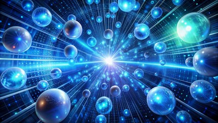 Obraz premium Vibrant blue orbs pierce through swirling digital vortex of ones and zeros on a futuristic cyberpunk backdrop.