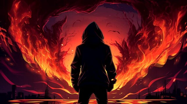 Hooded mysterious man with fire aura. Fantasy landscape, looping 4k video animation background