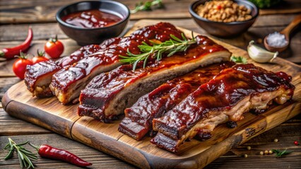 Juicy tender smoked pork spare ribs slathered in rich tangy barbecue sauce arranged artfully on a rustic wooden cutting board.