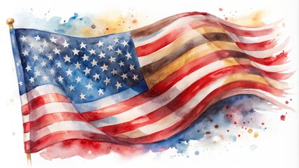 Obraz premium Vibrant watercolor painting of American flag waving freely in the wind with subtle brushstrokes and blended colors on a white background.