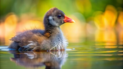 Adorable juvenile moorhen wades through serene pond water, feathery plumage and curious gaze captivating in intimate close-up perspective.