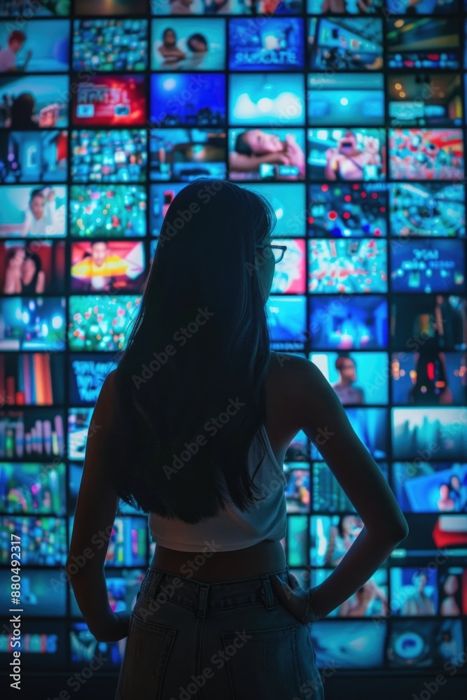 Poster a woman standing in front of a large wall of televisions, with various screens displaying different 