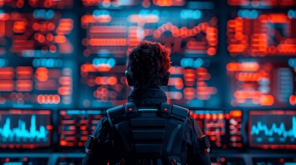 Cyber spy using holographic screens in a high-tech lab, Spy Hologram, cyber espionage