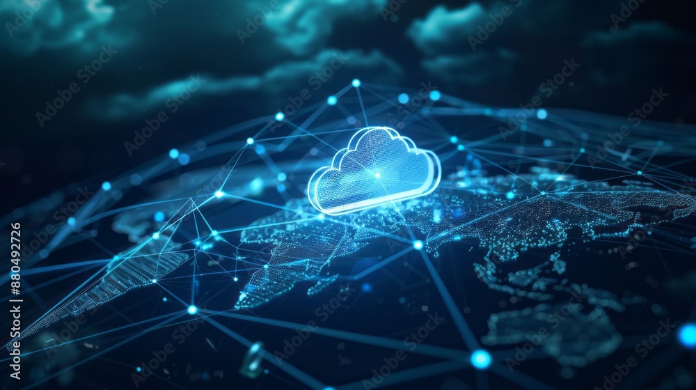 Poster cloud computing technology concept with large cloud icon and global connectivity on abstract world m