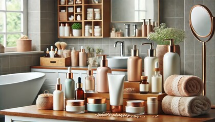 Luxury Bathroom Products with Towels and Mirror on Wooden Table