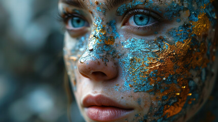 A Closeup Portrait Of Beautiful Woman Eyes And Artistic Painted Make Up On Her Face On Blurry Background