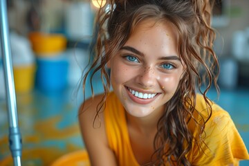 Fototapeta premium Smiling Woman With Wavy Brown Hair Wearing a Yellow Shirt