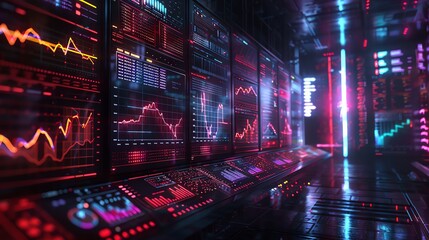 Futuristic control room with glowing screens displaying data and charts.