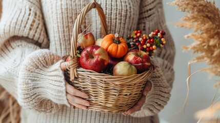 A woman who holds in his hands the basket with fruits of autumn, Thanksgiving day, Boho Chic Style Decor