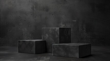 Charcoal grey square podiums on a dark textured background, bold and strong
