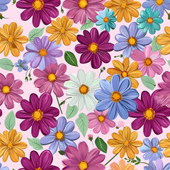 Seamless pattern with colorful flowers. Hand drawn floral pattern for your fabric, summer background, gift paper, wallpaper, backdrop, textile. Vector illustration