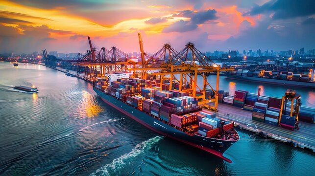 Cargo ship in a busy harbor, cranes loading containers, and industrial setting
