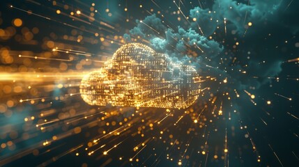 futuristic digital technology web interface with holographic cloud icon, blue and golden light digits, and code background, abstract motion of data flow and cloud computing concept