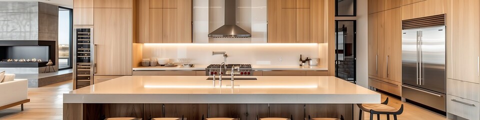 A spacious contemporary kitchen with a large island, quartz countertops, and light wood cabinetry, complemented by stainless steel fixtures and a seamless design.