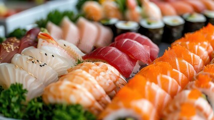 Elegant sushi platter with assorted nigiri, sashimi, and decorative garnishes