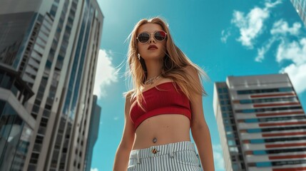 Fashion model posing in urban setting, stylish outfit, and city backdrop