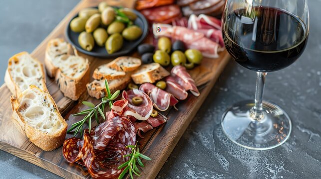 Elegant glass of red wine next to a charcuterie board with cured meats, olives, and bread