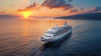 Luxury cruise ship sailing in the ocean, sunset backdrop, and elegant design