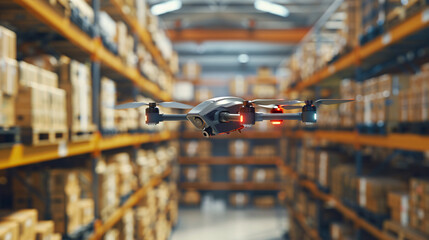 Futuristic Drone Over Distribution Center with Route Optimization Data Visualization