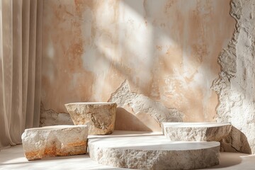Minimalist stone podiums on a soft earth tone background, naturally elegant