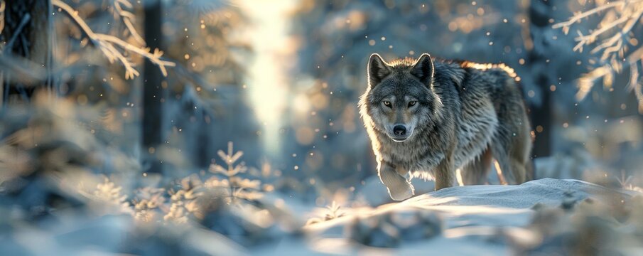 Sly wolf prowling through a snowy forest, 4K hyperrealistic photo