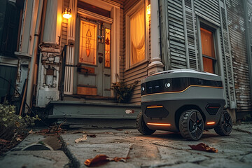 moving delivery robots on the road. Cyber-couriers are cruising the sidewalks  Copy space for design. Modern delivery concept-robots delivery