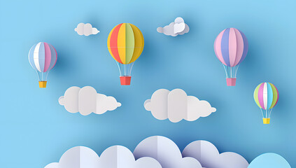 Paper art style of colorful hot air balloons and cloud on blue sky. Vector illustration