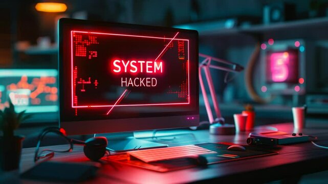 Cybersecurity Breach Warning with SYSTEM HACKED Alert on Computer Screen in Dark Office, Highlighting Internet Safety Threats and Hacker Intrusion
