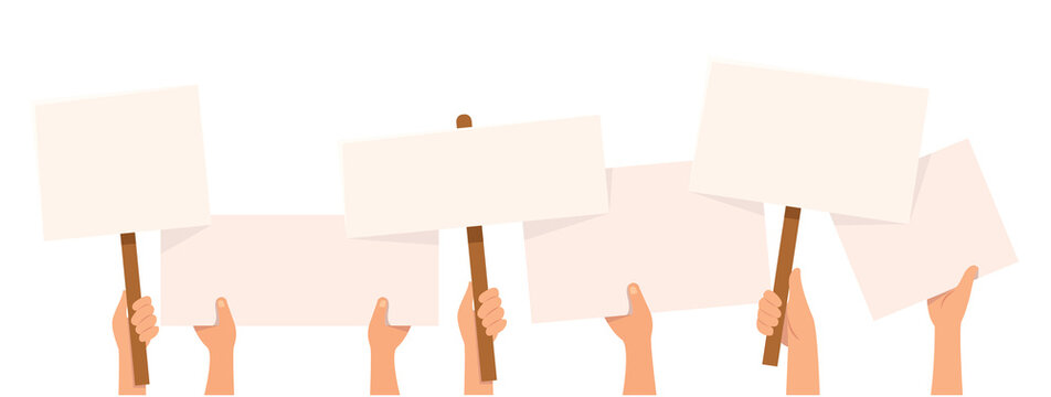 Protesters holding placards. blank banners