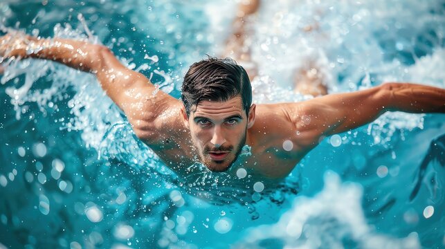 Swimmer diving into the pool with splashing water, sleek swimwear, and focused expression