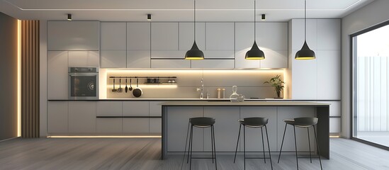 An elegant contemporary kitchen featuring an open-concept design with an island, modern pendant lights, and minimalist white and grey color scheme.