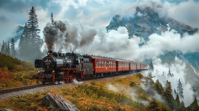 Vintage steam locomotive on a scenic mountain route, billowing smoke, and nostalgic feel
