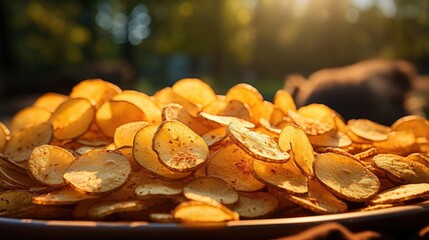 Potato Chips with a sprinkling of savory salty spices on a wooden table with a blurred background