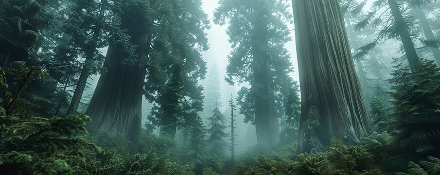 Towering giant sequoias in a misty forest, 4K hyperrealistic photo