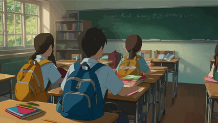 UntitledVintage-style classroom with students focused on a teacher giving a lecture in front of a chalkboard. AIG41