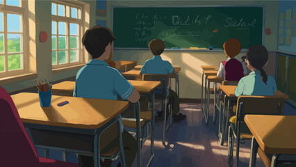 UntitledVintage-style classroom with students focused on a teacher giving a lecture in front of a chalkboard. AIG41